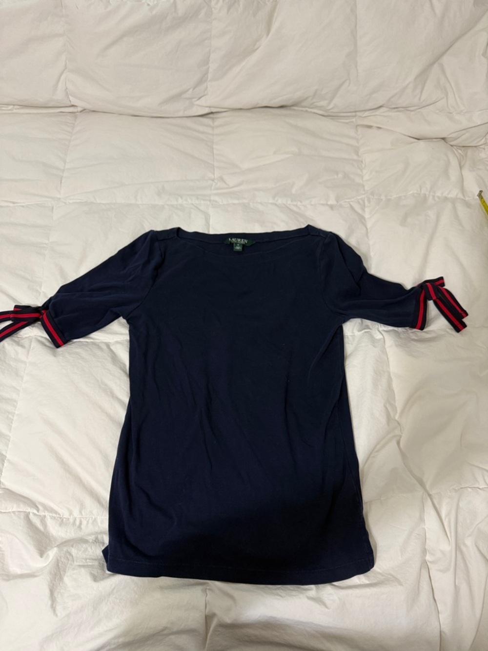 Lauren Ralph Lauren Navy Short Sleeve Top with Red-Trim Sleeve Ties